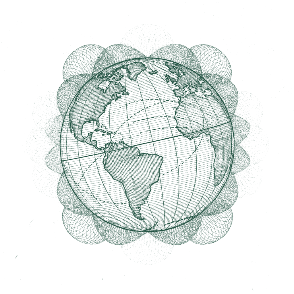 Fine-line green engraving of a globe crossed by trade routes, in the style of a banknote vignette
