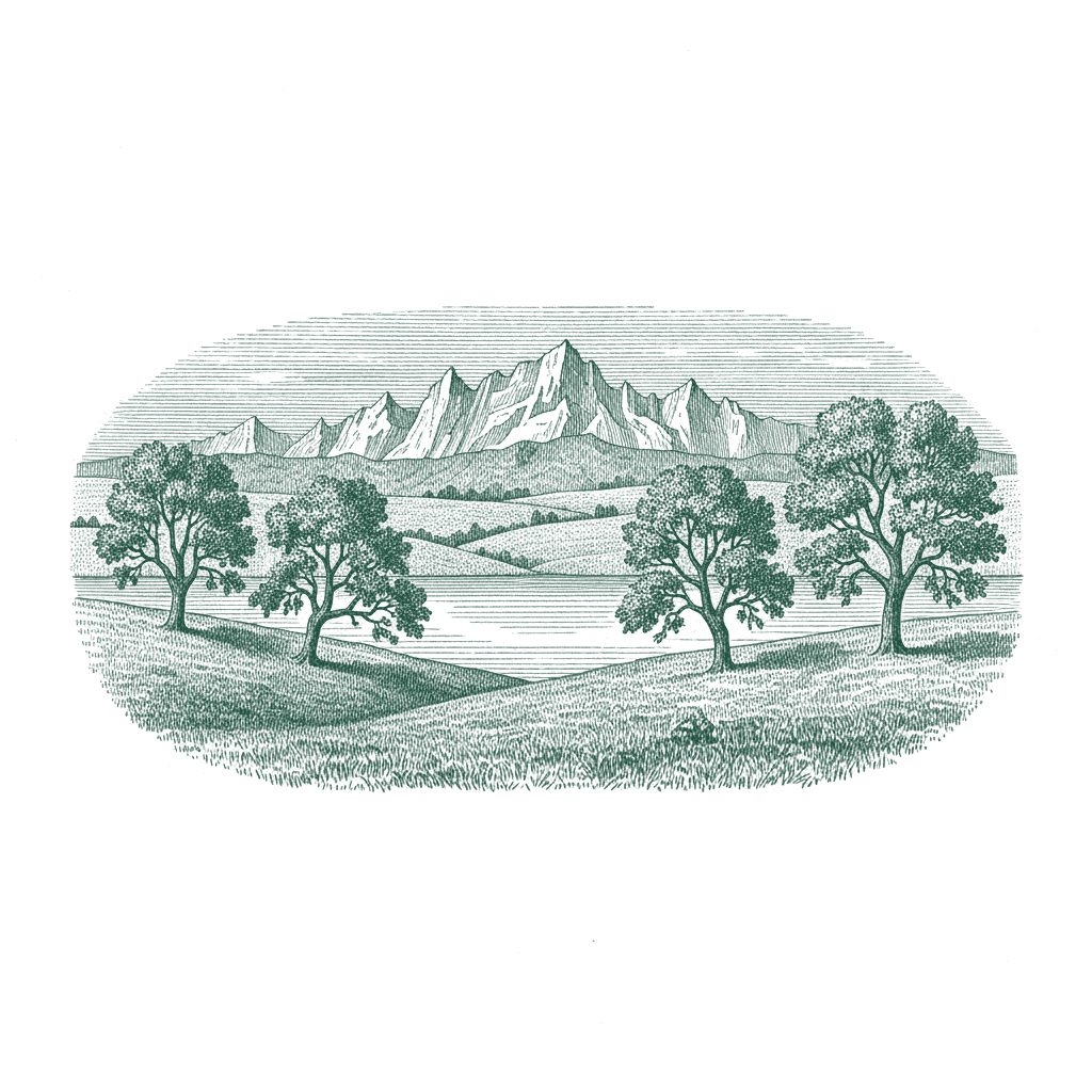 Green engraving of the Colorado Front Range foothills, with cottonwood trees and a reservoir below a rocky ridge